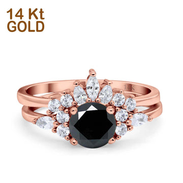14K Rose Gold Two Piece Round Bridal Set Ring Wedding Engagement Band Simulated Black CZ Size 7